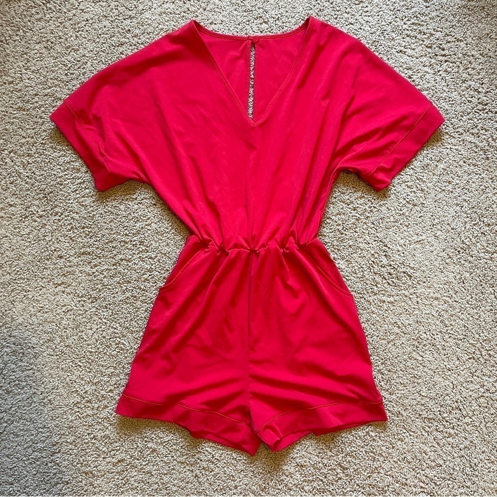 Romper Shorts Womens Red Short Sleeve Pockets Button